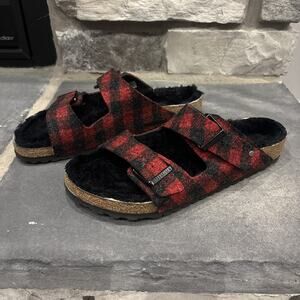 NEW w Defect Birkenstock Arizona Shearling Buffalo Plaid Red Black Size 45